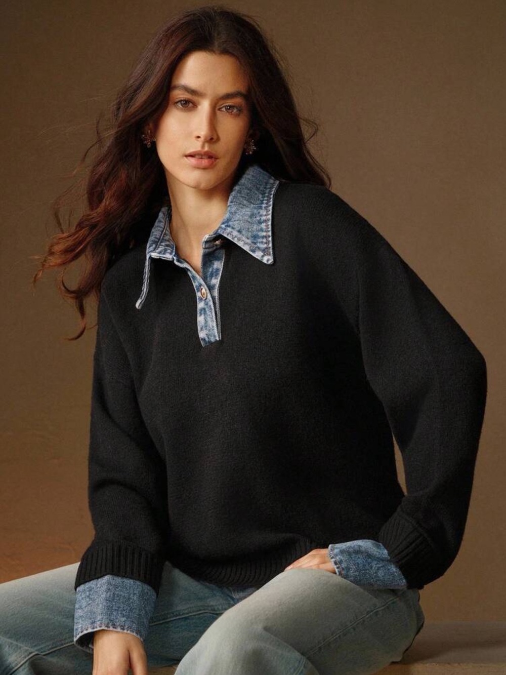 Black Pullover Sweater with Denim Collar and Cuffs